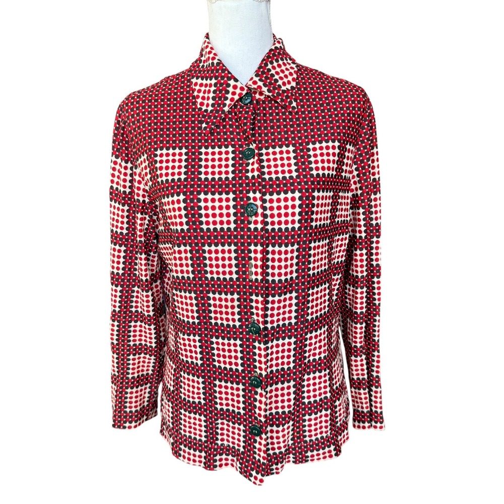Vintage Leslie Fay Original Polka Dot Grid Blouse Red Black Button Down Top